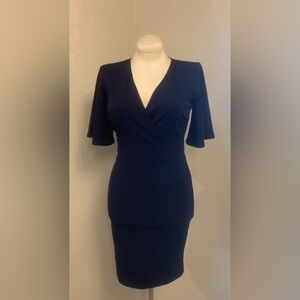 New York & Co Ladies S Navy Blue 3/4 Bell Sleeve Faux Wrap Dress Back Zip Office